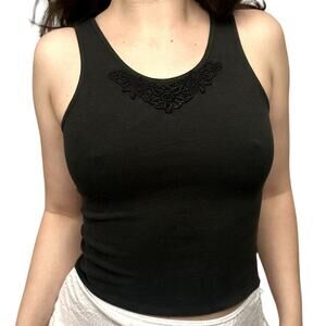 Cute Medium Vintage Black Scoop Neck Stretchy Embellished Tank Top